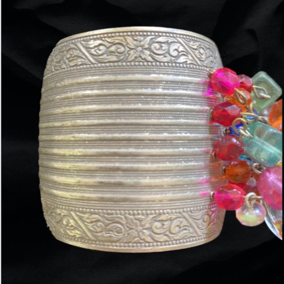 VINTAGE BRACELET -- Wide Silver Cuff Bracelet with Beads & Crystals, Aztec Vibe - Picture 5 of 8